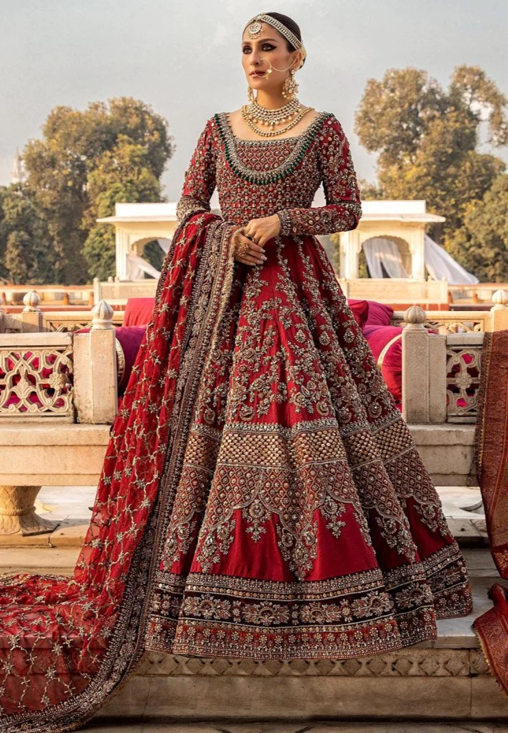 Royal Pishwas Frock Style Red Bridal Dress Dilkash